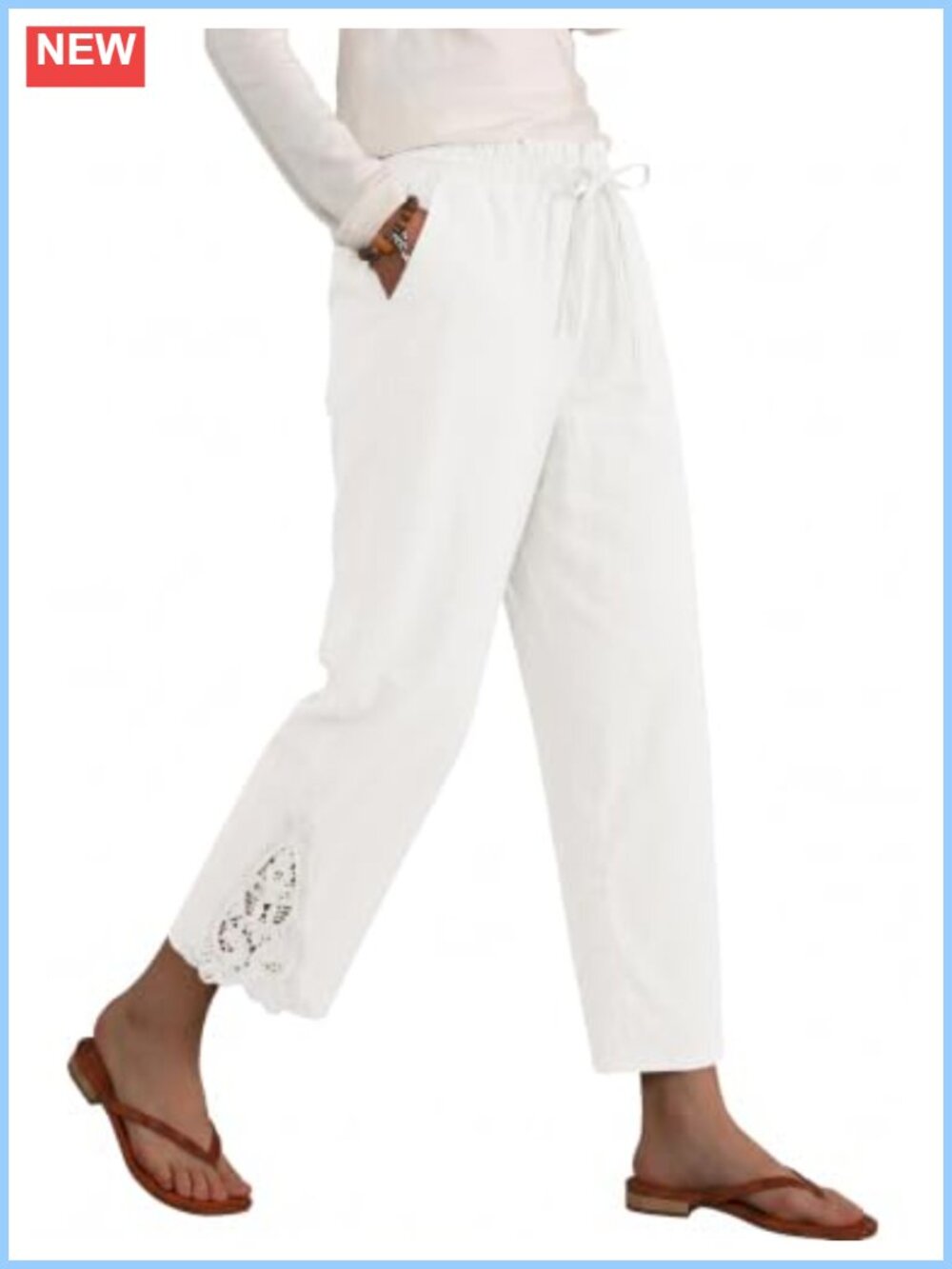 Womens Cotton Linen Wide Leg Capri Pants Lace Hem Drawstring